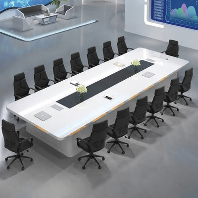 Amix white high-gloss conference table seating 14, angled overhead view with cable management strip