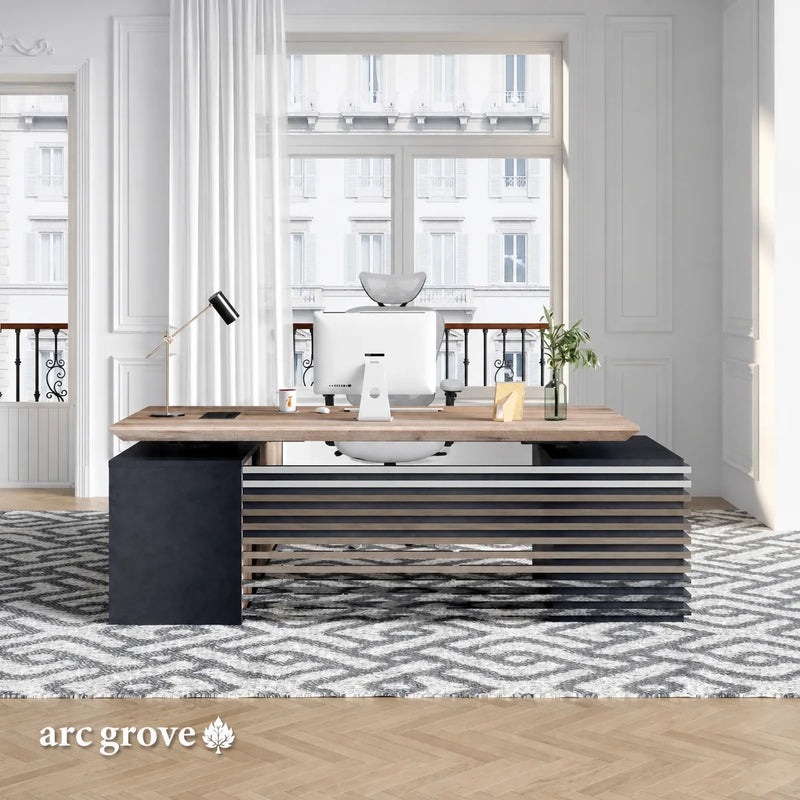Anderson standing desk at desk height in an elegant white home office with city windows