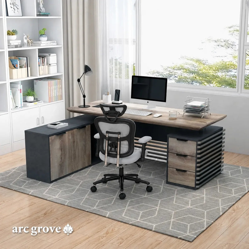 Anderson L-shaped desk with three-drawer pedestal in a home office, shown at sitting height