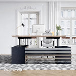 Front view of the Anderson standing desk with lift columns extended and slatted modesty panel