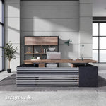 Anderson standing desk facing forward beneath a hanging shelf unit in a modern workspace