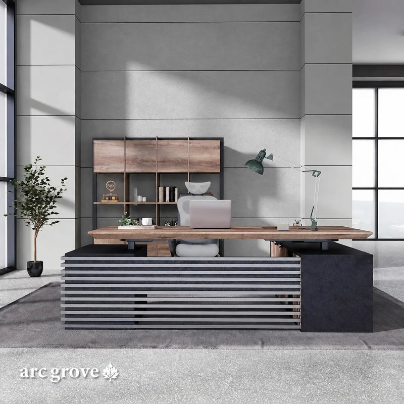 Anderson standing desk facing forward beneath a hanging shelf unit in a modern workspace
