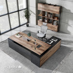 Overhead view of the Anderson L-shaped executive desk in mahogany in a CEO corner office