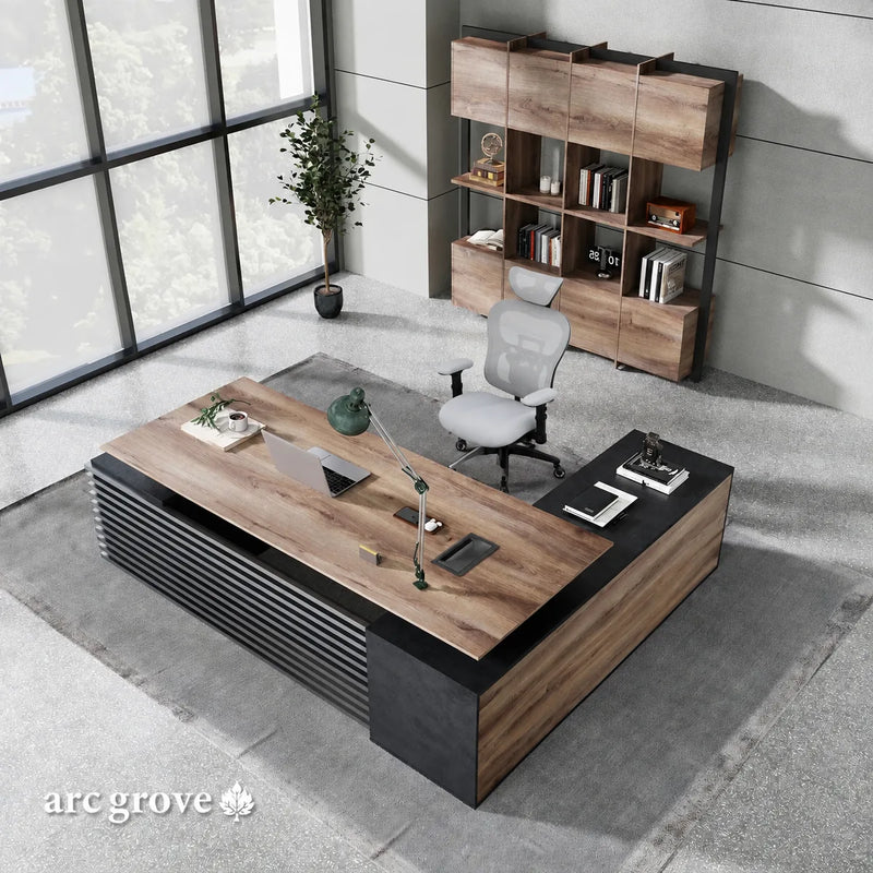 Overhead view of the Anderson L-shaped executive desk in mahogany in a CEO corner office