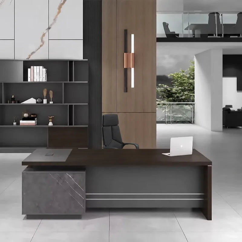 Anton L-shaped desk with silver-lined modesty panel and executive chair