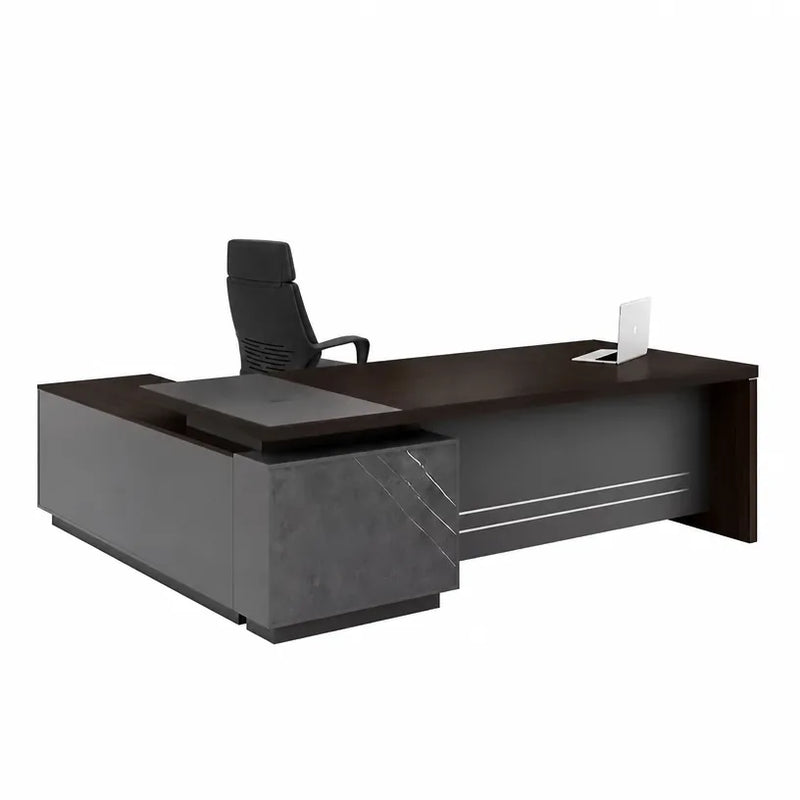 Anton executive desk viewed from the rear corner, gray pedestal forward