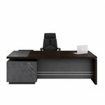 Anton desk facing forward with laptop, silver trim lines on the gray front