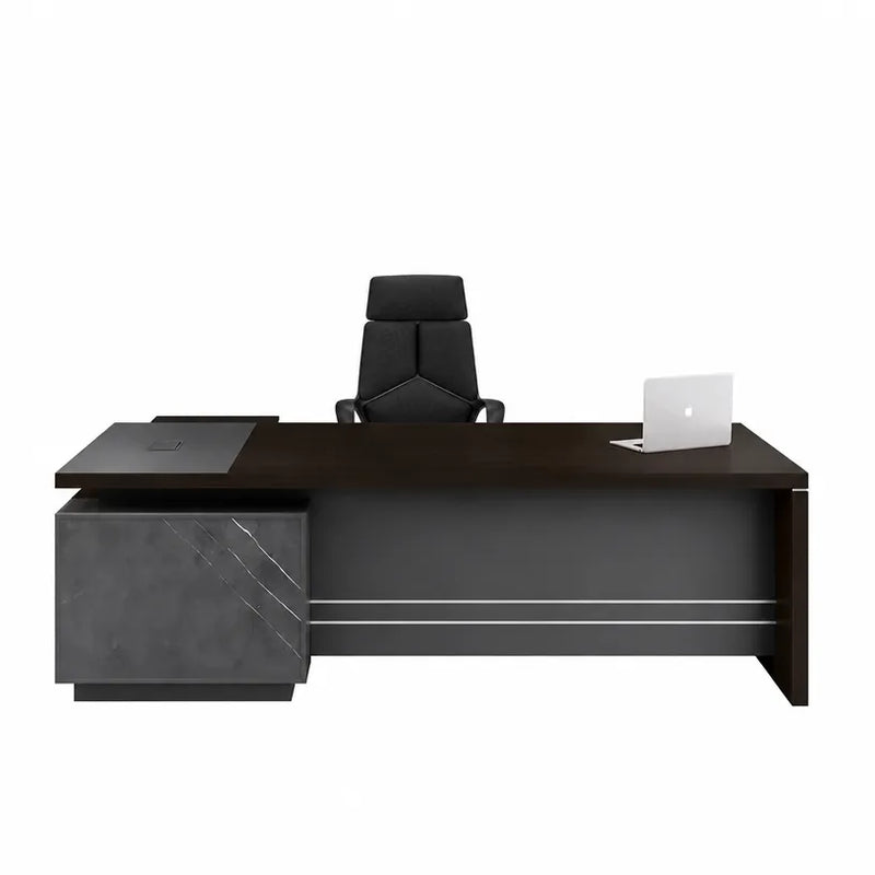 Anton desk facing forward with laptop, silver trim lines on the gray front