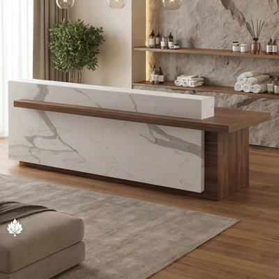 Wilder desk before a stone feature wall in a spa lobby