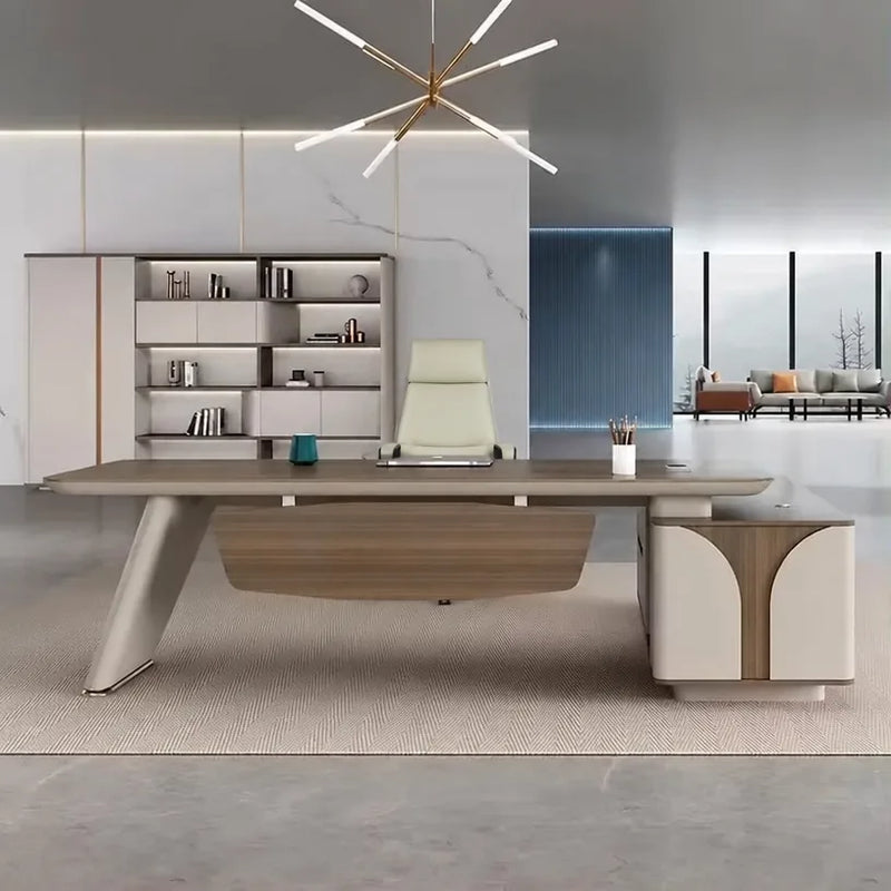 Archer executive desk on a woven rug, sculpted blade leg forward