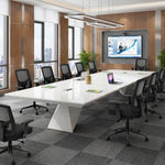 Ardyn white boardroom table with black mesh chairs in a wood-paneled room with city windows