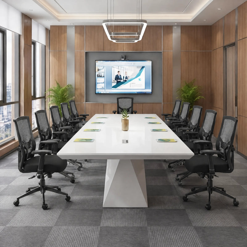 Ardyn white high-gloss boardroom table with black mesh chairs and palms, three-quarter view