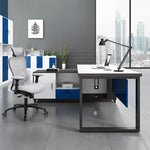 Astrea L-shaped desk with blue panel in a manager's office with skyline view