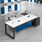 Astrea desk with white top and dark return cabinet, seen from the front corner
