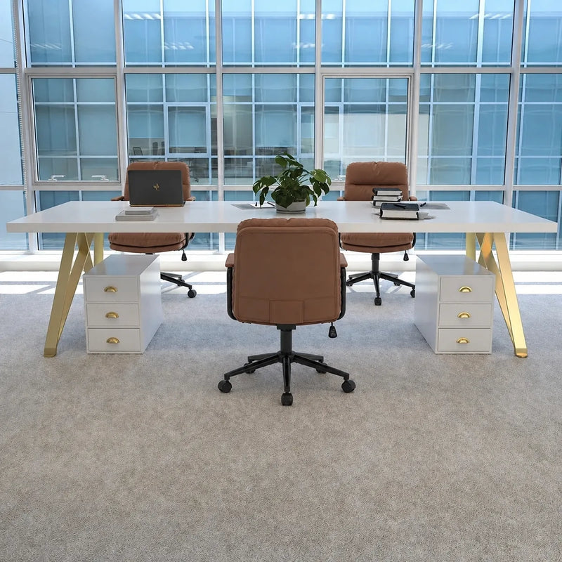 Astrid small white meeting table with gold legs beside two white drawer pedestals in a glass-walled office