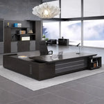 Midnight Black Atlas large executive desk with right return in a corner office with panoramic windows