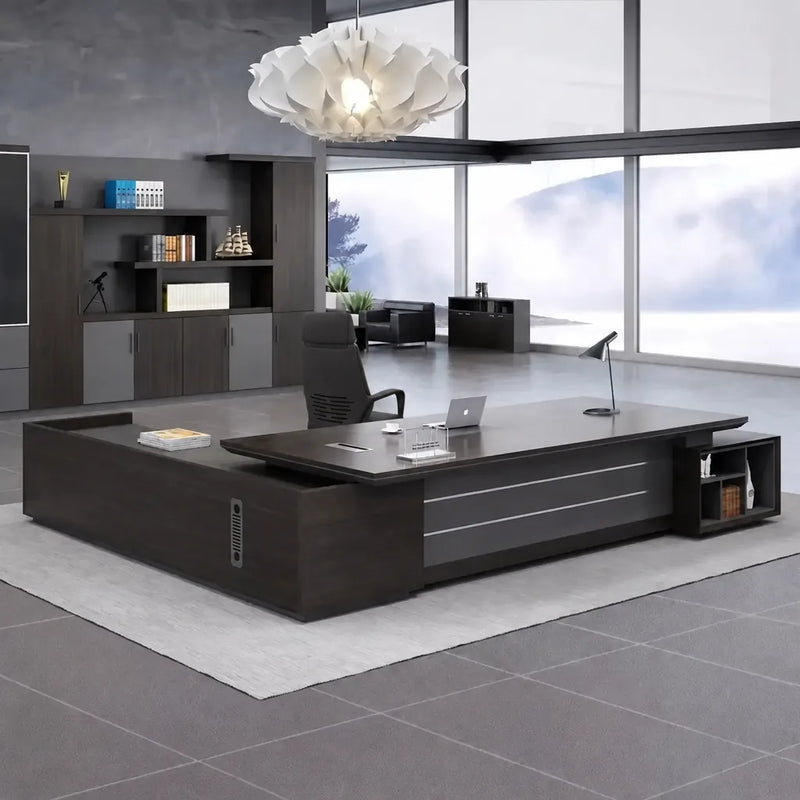 Midnight Black Atlas large executive desk with right return in a corner office with panoramic windows