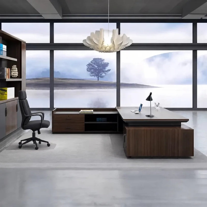 Atlas executive desk in Dark Oak with return cabinet in a waterfront corner office
