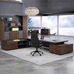Dark Oak Atlas L-shaped desk and shelf wall in a large modern executive office