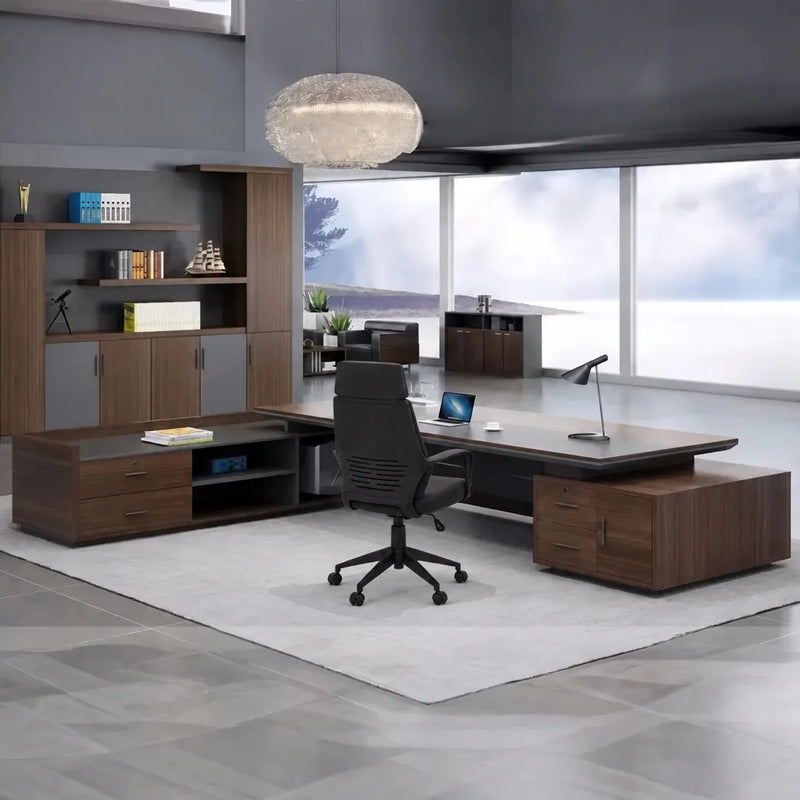 Dark Oak Atlas L-shaped desk and shelf wall in a large modern executive office