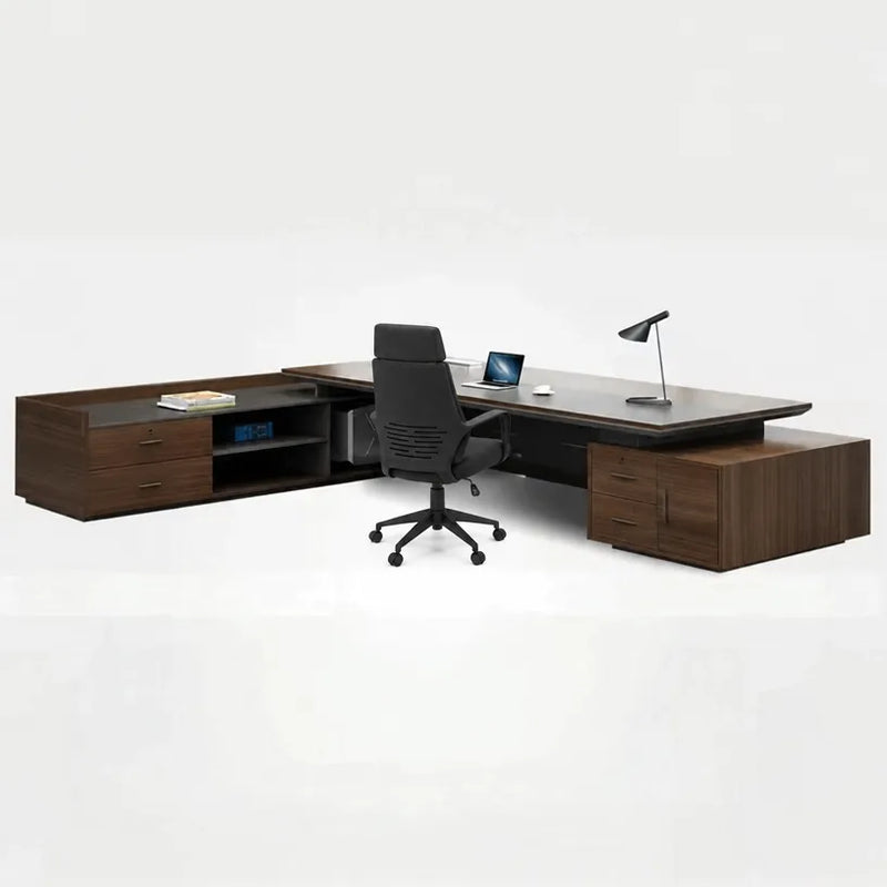 Atlas executive desk in Dark Oak with matching credenza return and drawers, studio scene
