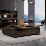 Atlee L-shaped desk with under-glow lighting in an evening office scene