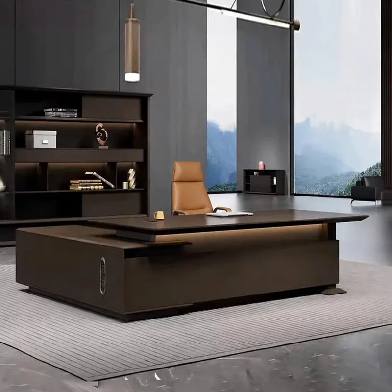 Atlee L-shaped desk with under-glow lighting in an evening office scene