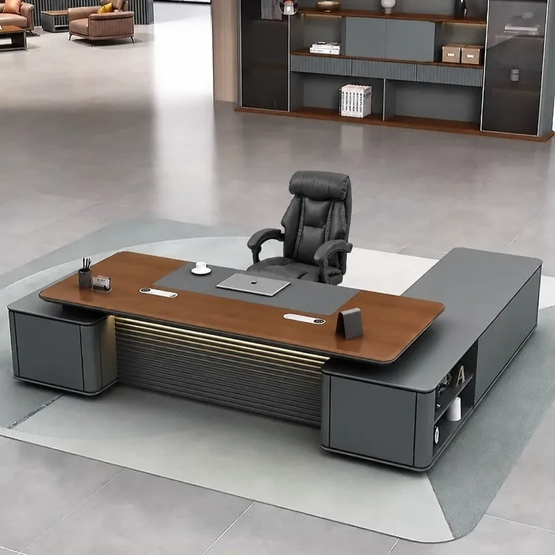Audley desk in brown oak, right return, with gray upholstered pedestals