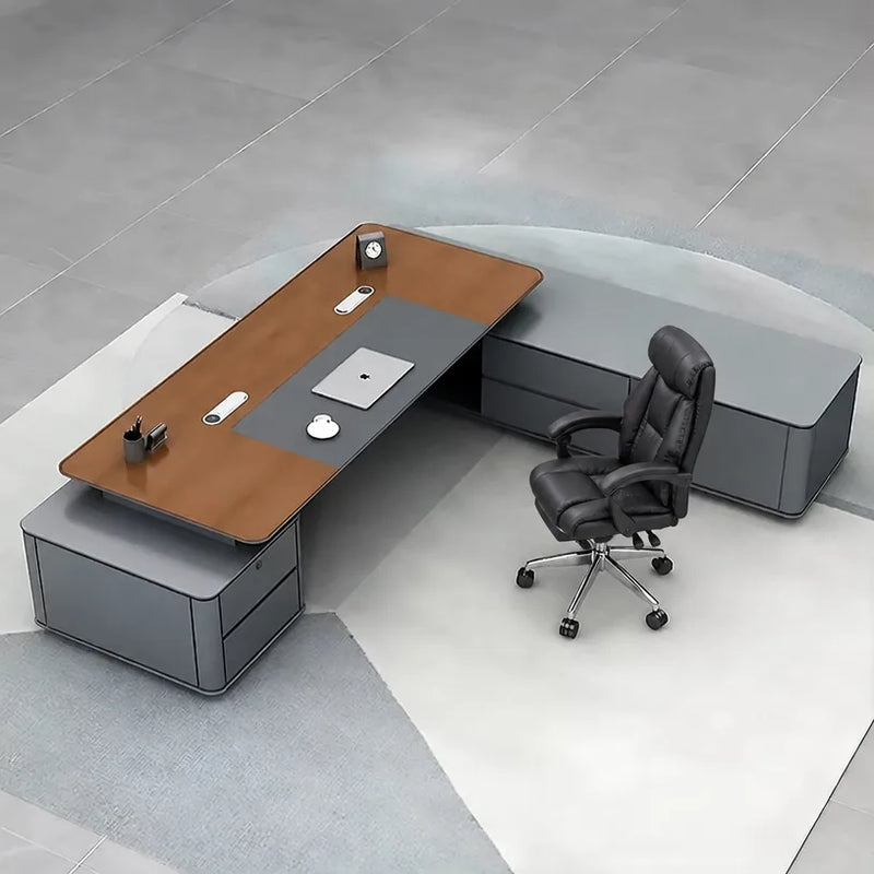 Audley L-shaped desk viewed from above in a gray-floored executive office