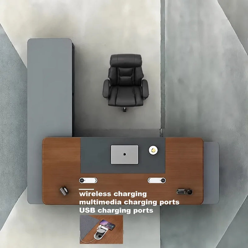 Wireless, multimedia, and USB charging ports built into the Audley desktop