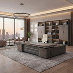 August desk in weathered gray oak, left return, in a warm executive suite