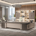 August executive desk in cream, left return, with curated storage wall