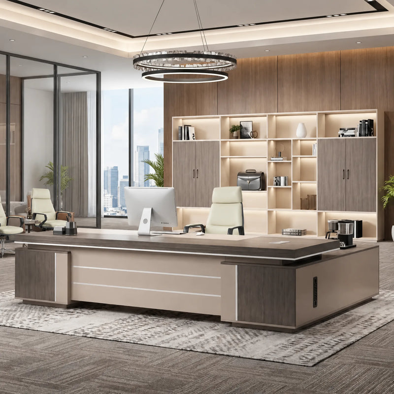 August executive desk in cream, left return, with curated storage wall
