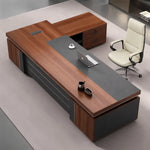August desk in mahogany with charcoal leather inlay, seen up close