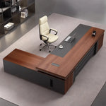 Top-down view of the August desk in mahogany with corner cable port