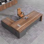 Top-down view of the Belford desk in golden walnut, right return
