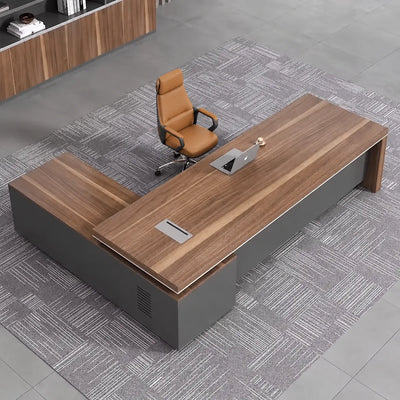 Top-down view of the Belford desk in golden walnut, right return