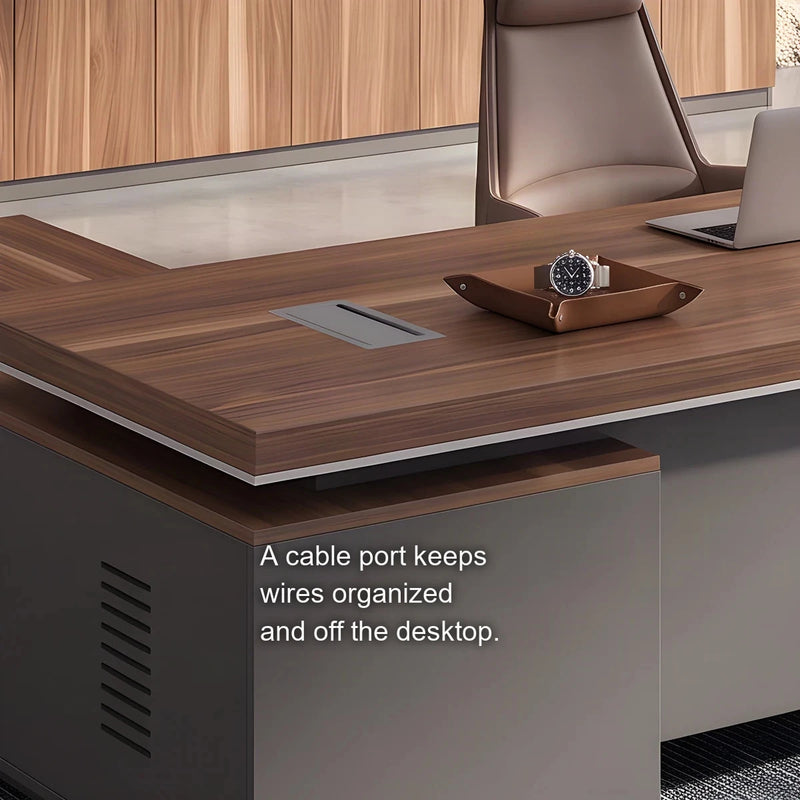 Belford desk close-up: a cable port keeps wires organized and off the desktop