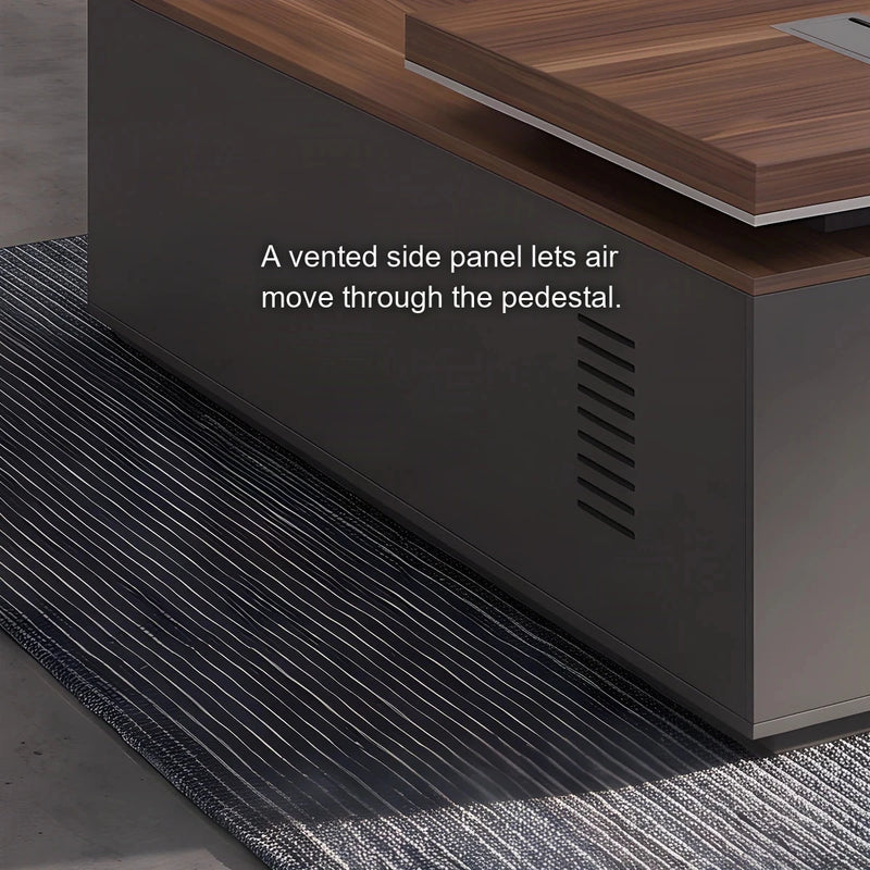 Belford desk close-up: a vented side panel lets air move through the pedestal