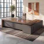 Belford desk in a sunlit office with a city view