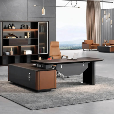 Bentley manager desk, right return, in an office with mountain-view windows