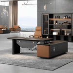 Bentley L-shaped desk, left return, beside a backlit display bookcase