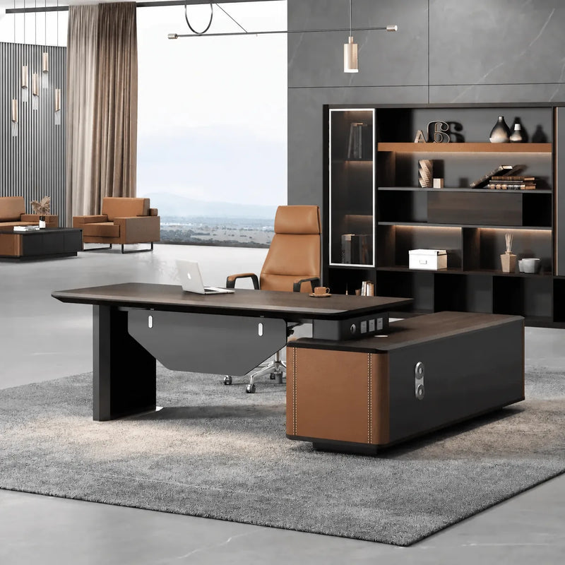 Bentley L-shaped desk, left return, beside a backlit display bookcase