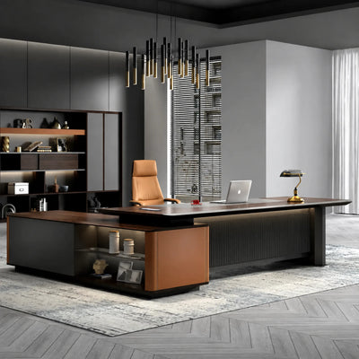 Bramwell desk, right return, in a dark-paneled office with brass pendant lights