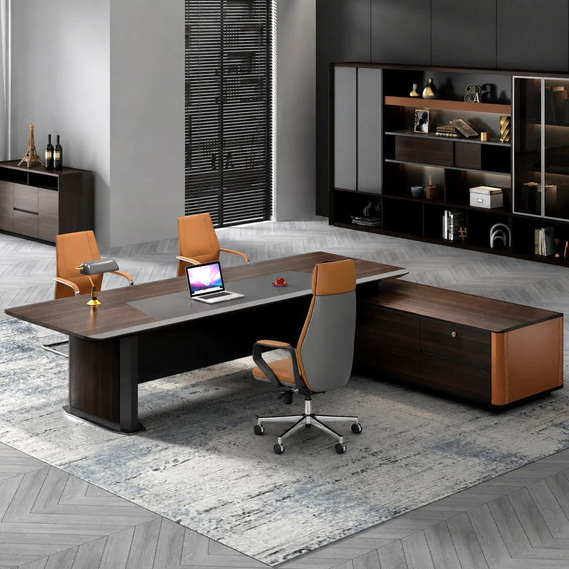 Bramwell desk with guest chairs pulled up, doubling as a meeting surface