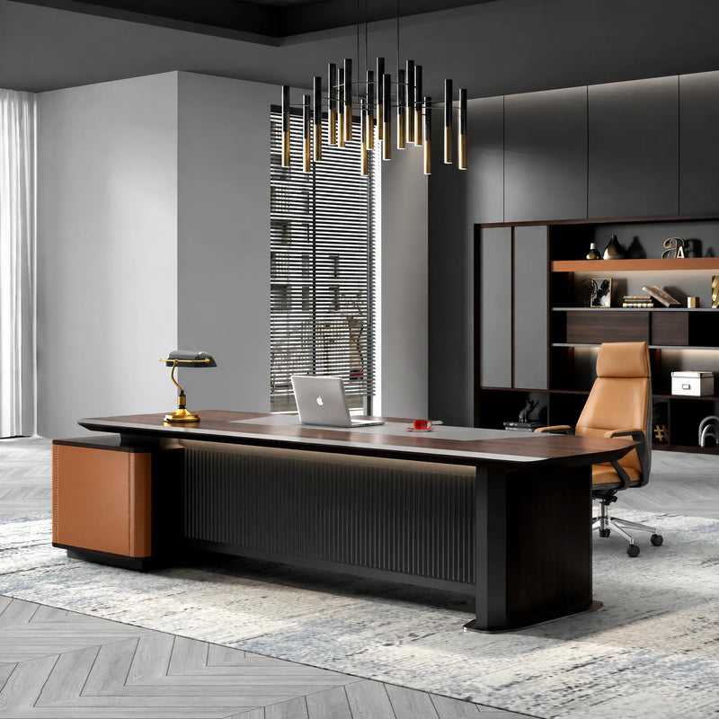 Bramwell L-shaped desk under slim gold pendants, storage wall behind