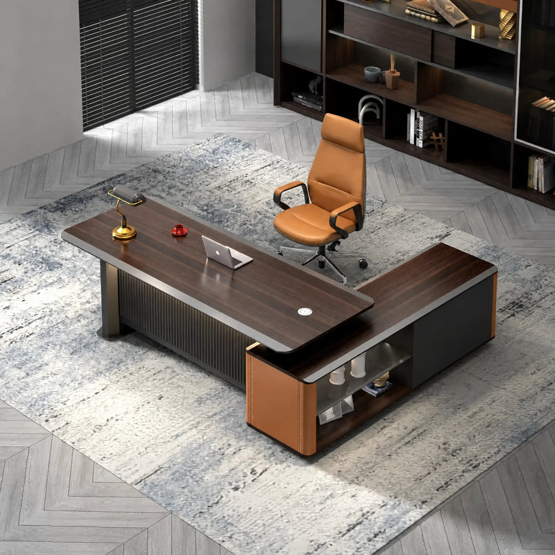 Bramwell desk from above with amber chair and open storage return
