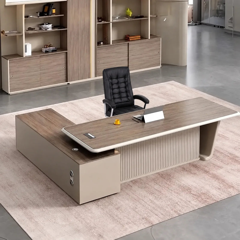 Brimley executive desk, right return, in a soft beige office suite
