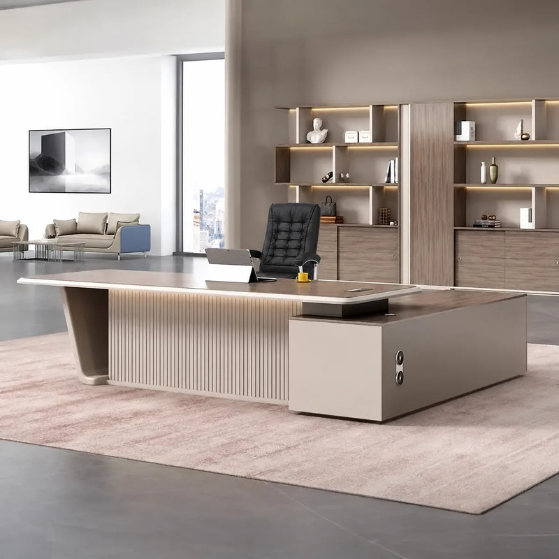 Brimley desk in walnut and cream, left return, beside gallery shelving
