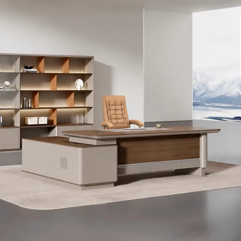 Brinton executive desk, right return, in a winter-view office with shelf wall